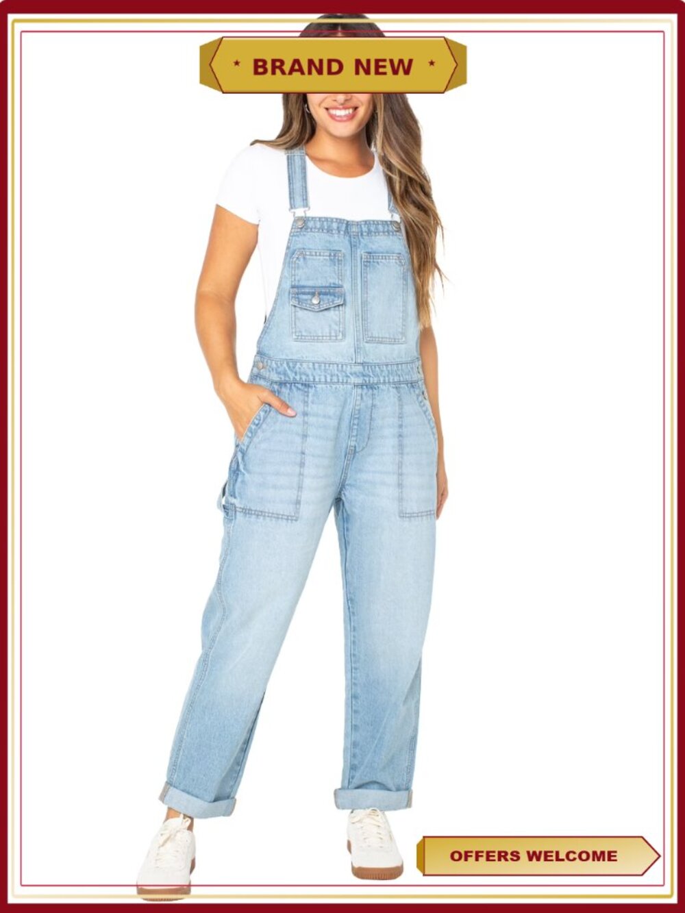 Boyfriend Cuffed Denim Overalls with Adjustable Straps